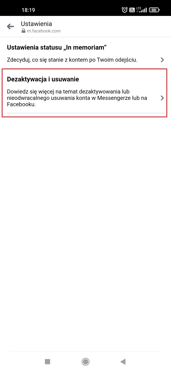 Usuwanie konta na Messengerze
