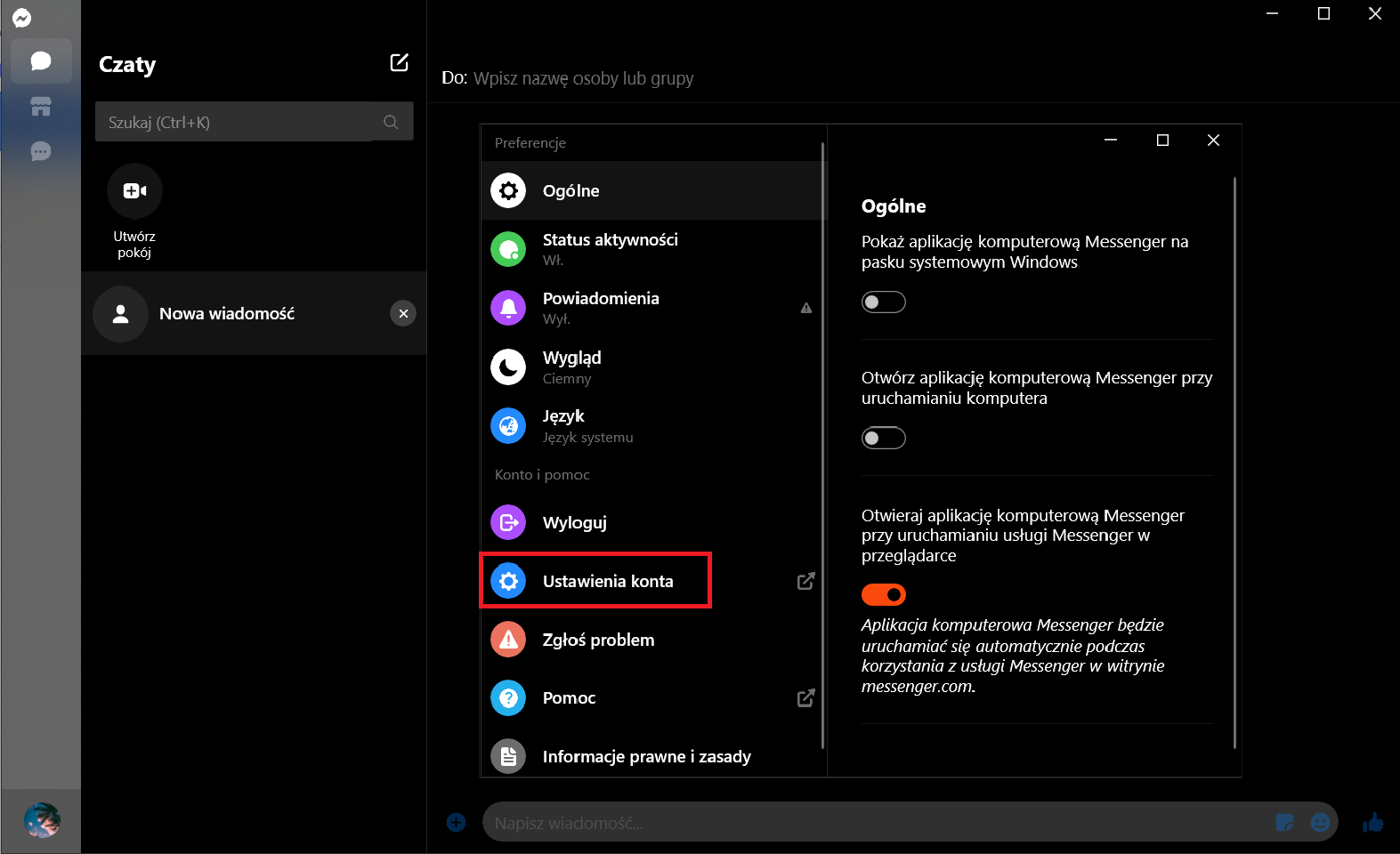 Usuwanie konta na Messengerze
