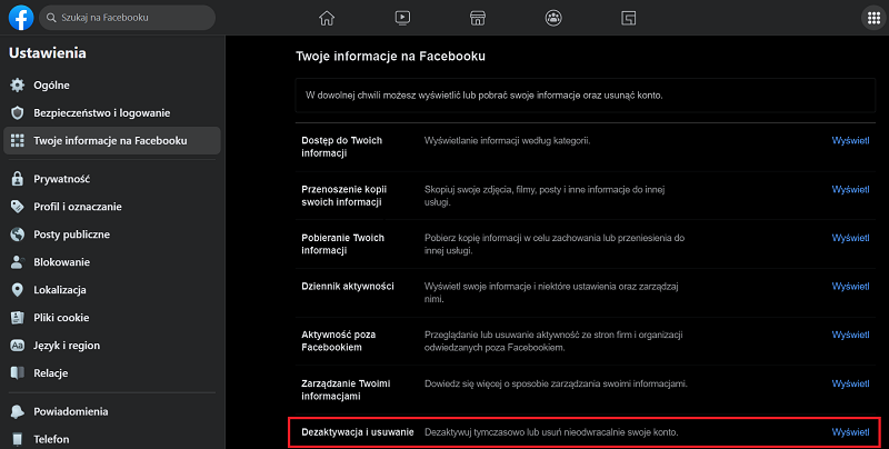 Usuwanie konta na Messengerze
