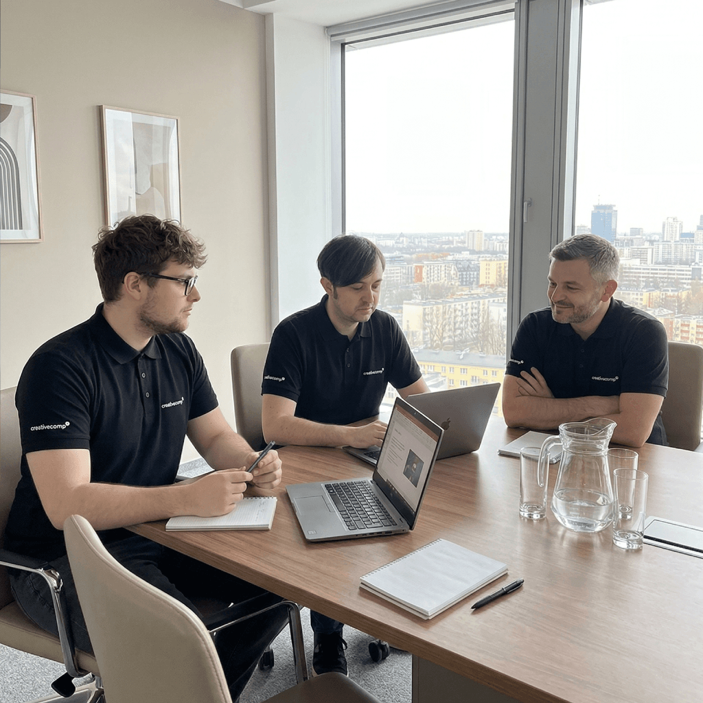 Kacper, Mariusz Sucajtys i Paweł Rytel w biurze Creative Comp w Warszawie